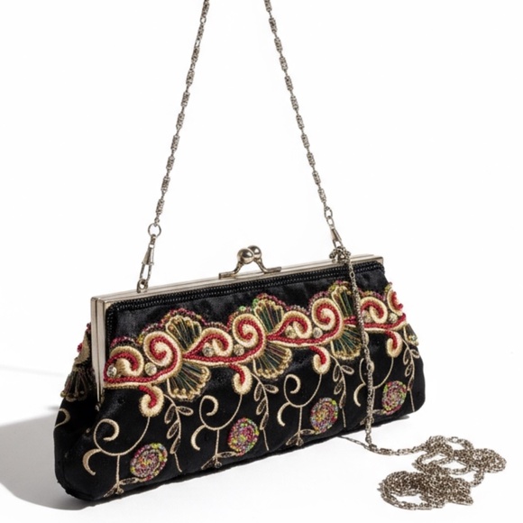 Aldo Beaded Floral Satin Evening Bag Embroidered 2 Removable Chain Straps - Picture 4 of 11